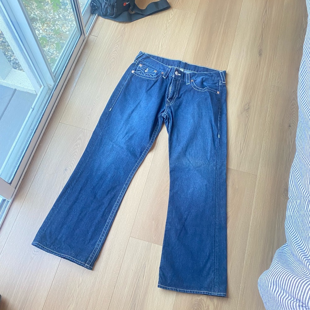 True Religion Men's Boot Cut Blue Jeans, Size 38W